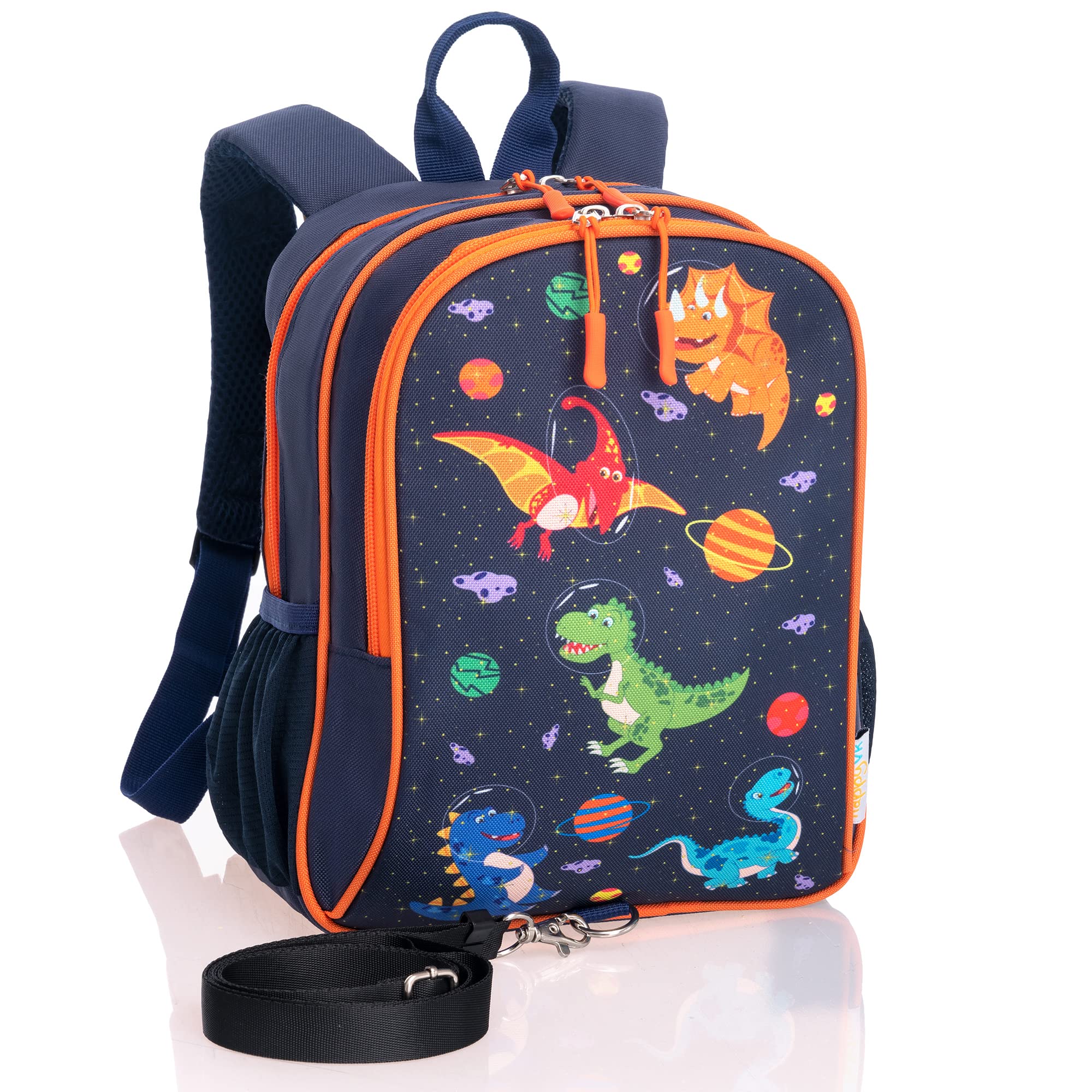 HappyVk dinosaur backpack front view; cute design for toddlers and compact size