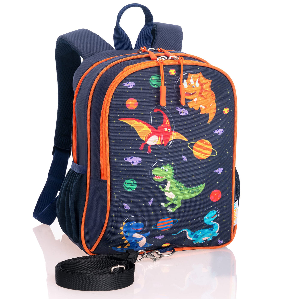 HappyVk dinosaur backpack front view; cute design for toddlers and compact size