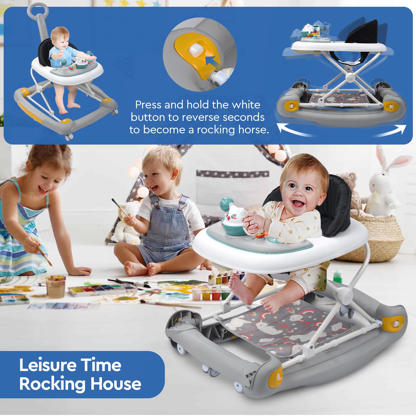 HAPYOOY 5-in-1 baby walker dining-table mode enables convenient fruit snack sessions.