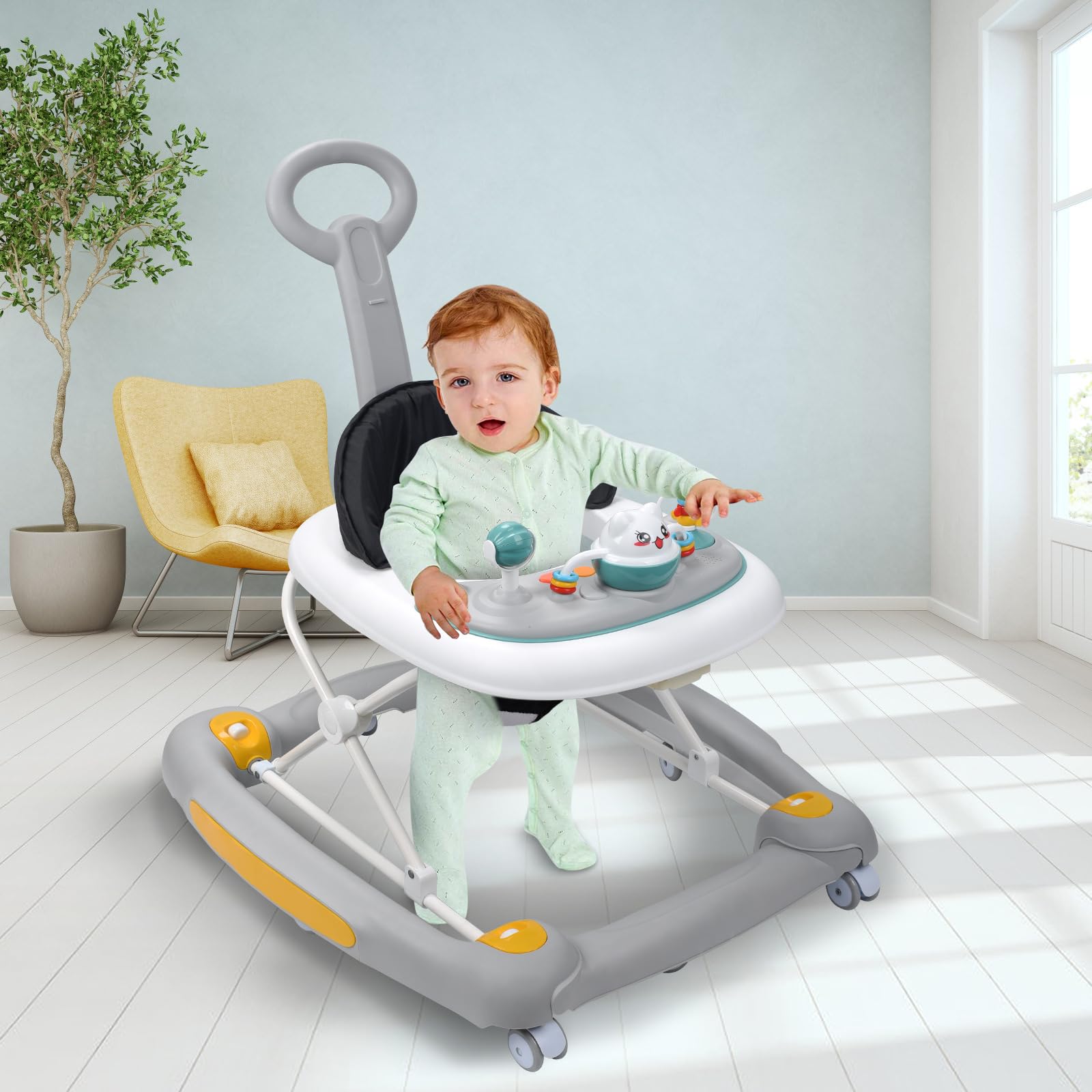 HAPYOOY 5-in-1 baby walker toy panel promotes color and shape recognition.