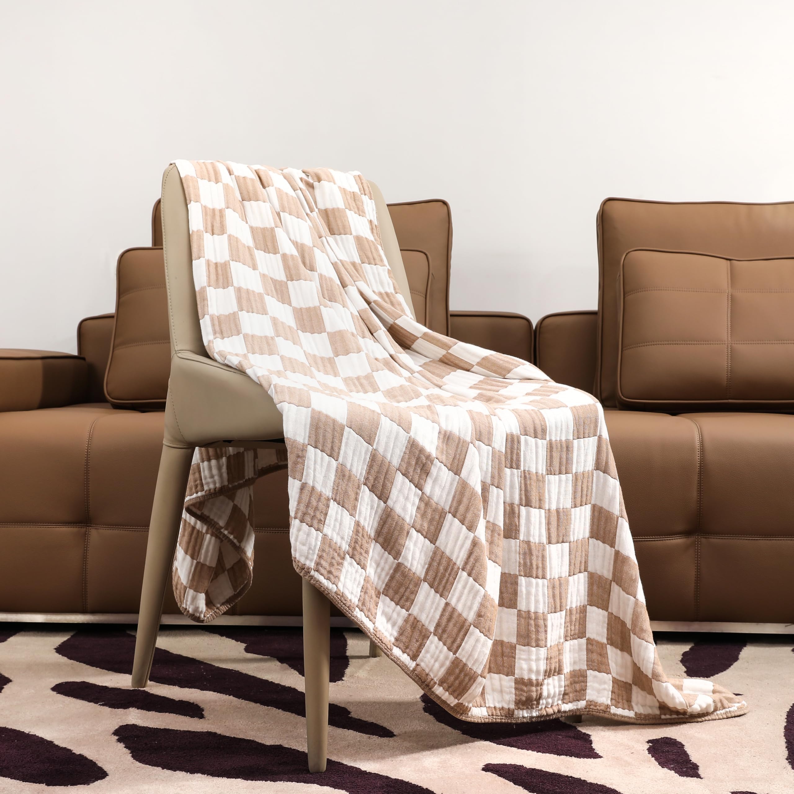 HardNok Checkered Muslin Throw on a sofa adds warm texture and versatile couch decor.