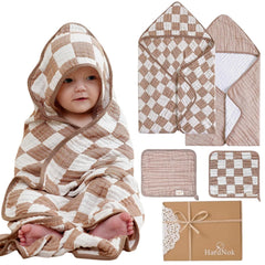 HardNok coffee checkered towel set folded for compact storage and easy gifting.
