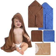 HardNok muslin bath towel hooded 32x32 in coffee-blue, plush and gentle for newborns