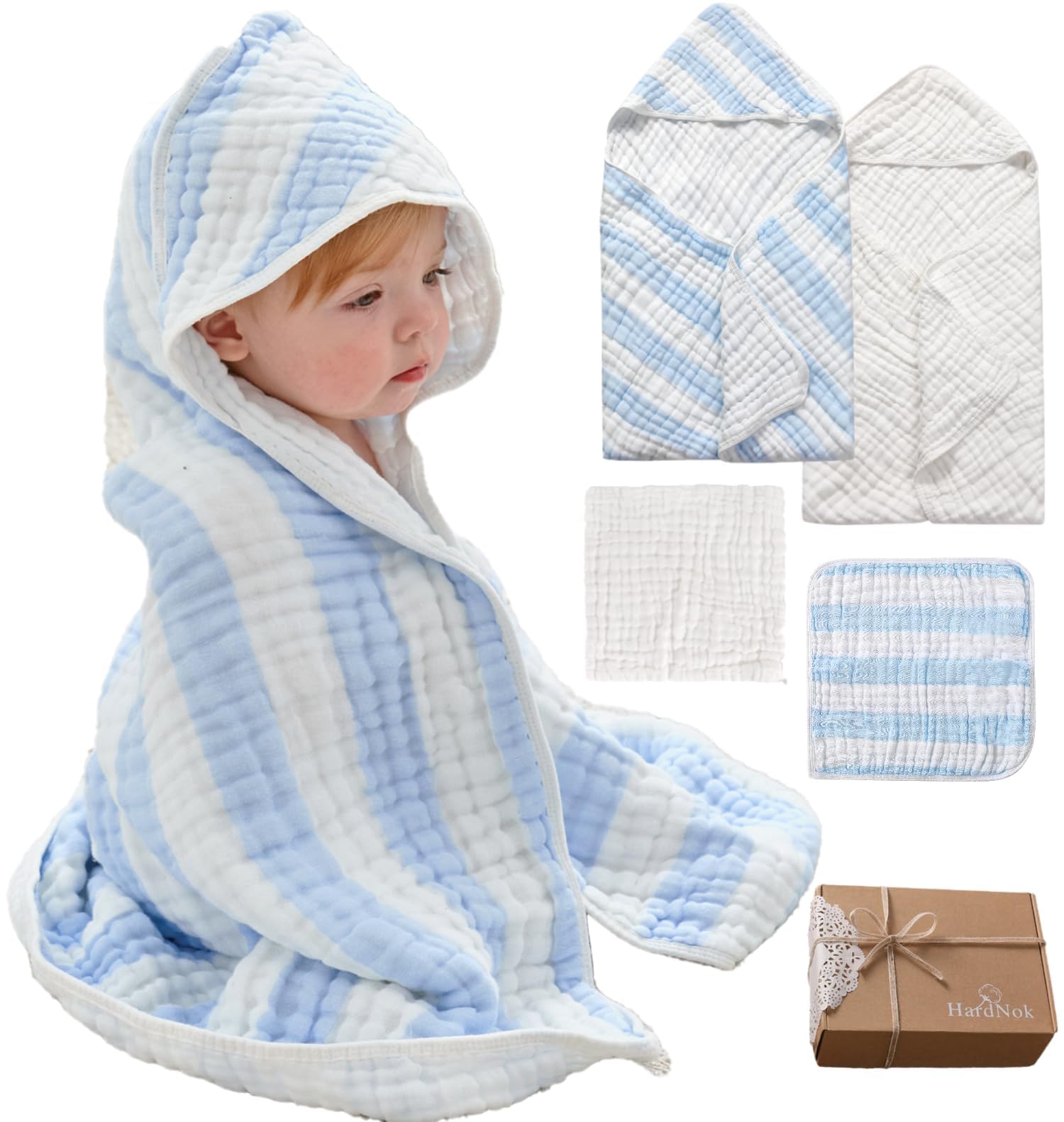 HardNok muslin hooded towel blue stripe keeps baby warm and dry after bath.
