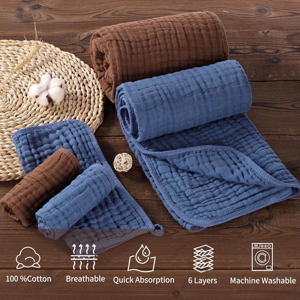HardNok coffee and blue design towels bring serene nursery vibes.