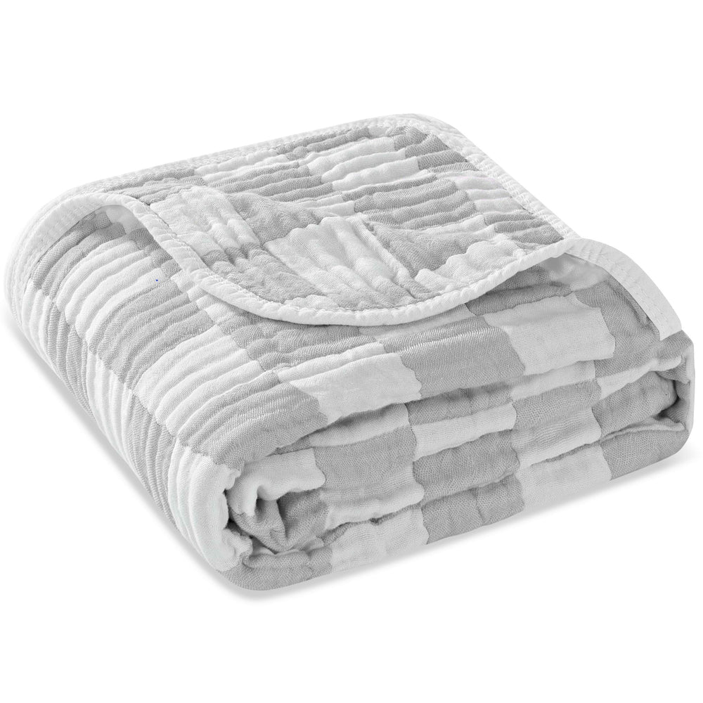 HardNok Ultra-Soft Muslin blanket in grey checkered folded for nursery storage.