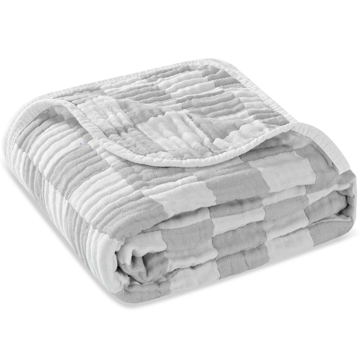HardNok Ultra-Soft Muslin blanket in grey checkered folded for nursery storage.