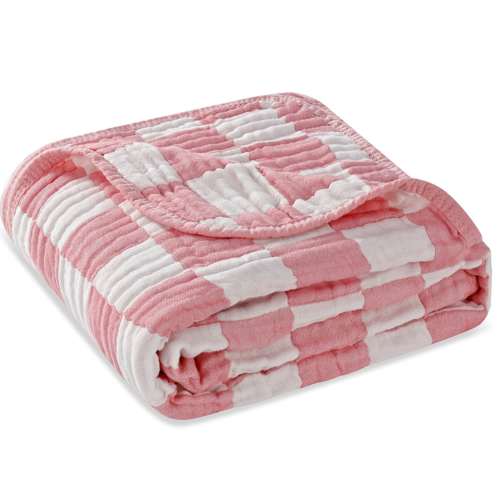 HardNok Ultra-Soft Muslin Blanket pink-checkered close-up highlighting breathable fabric and warmth