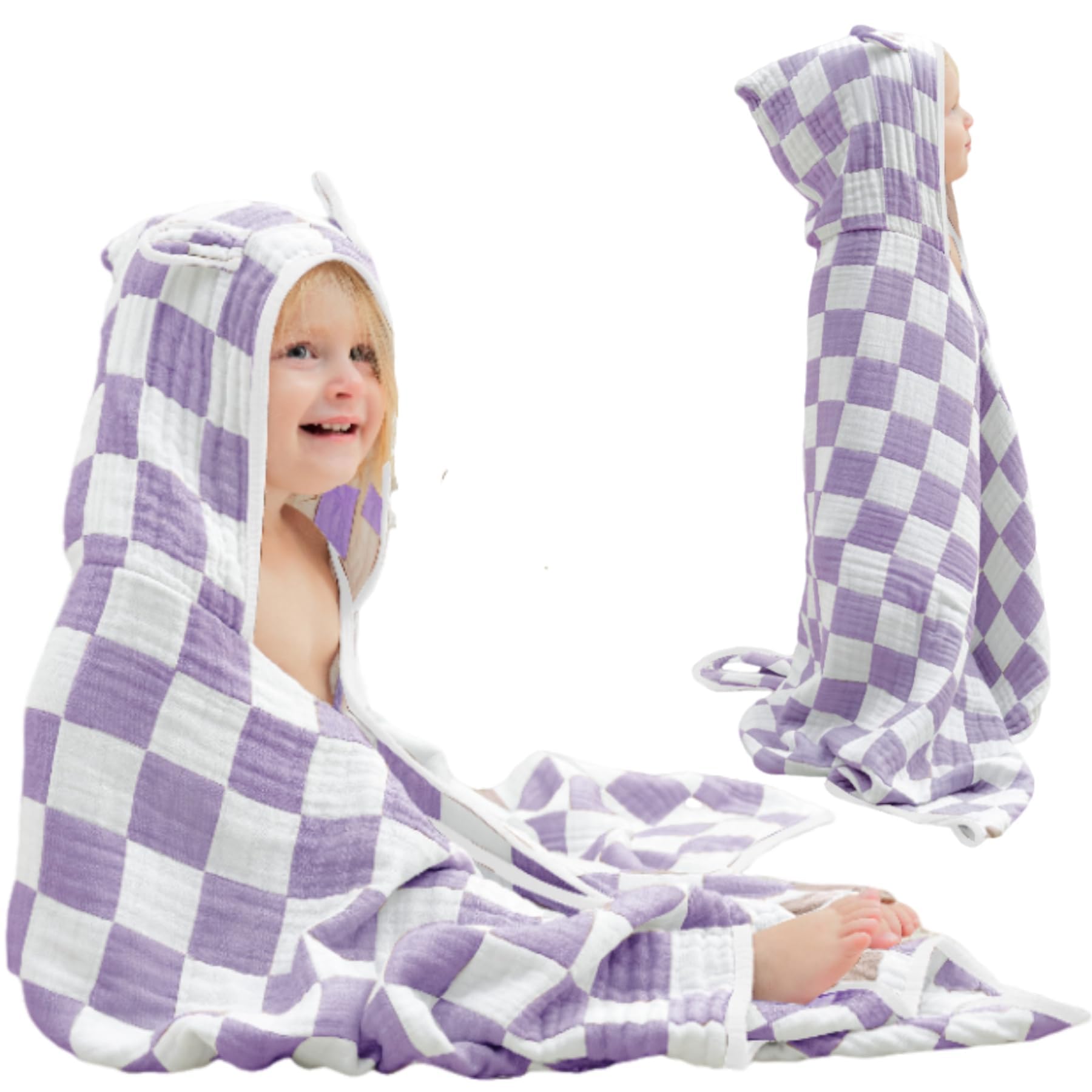 HardNok Ultra-Soft Muslin Hooded Towel lavender check wraps baby after bath.