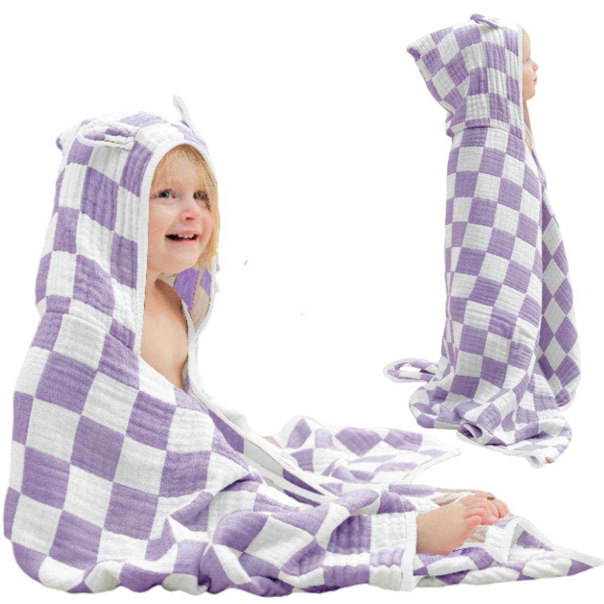 HardNok Ultra-Soft Muslin Hooded Towel lavender check wraps baby after bath.