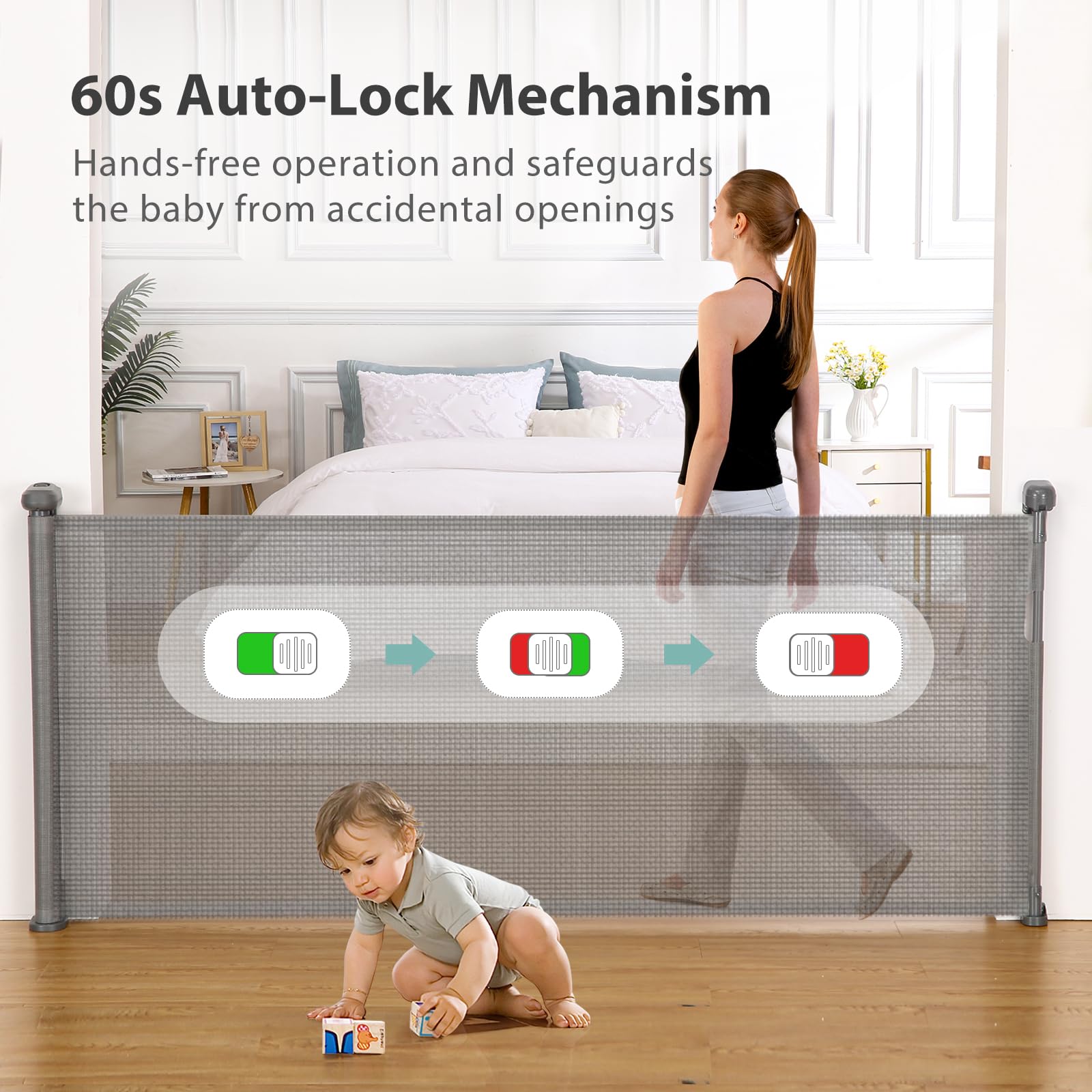 Hardware Mount Retractable Baby Gate reinforced bottom lock prevents slips.