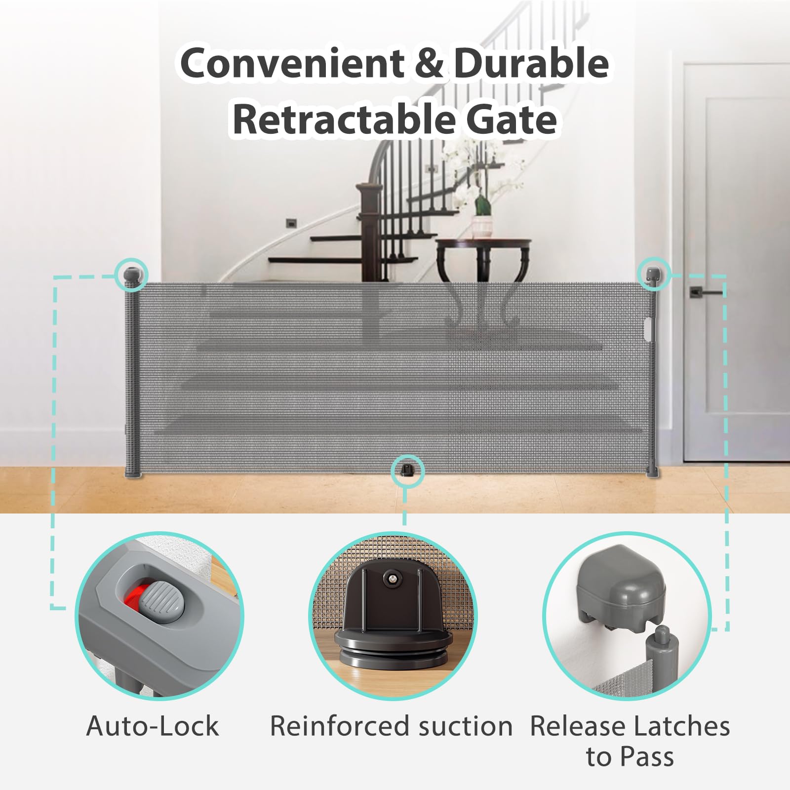 Hardware Mount Retractable Baby Gate close-up mesh detail for breathability.