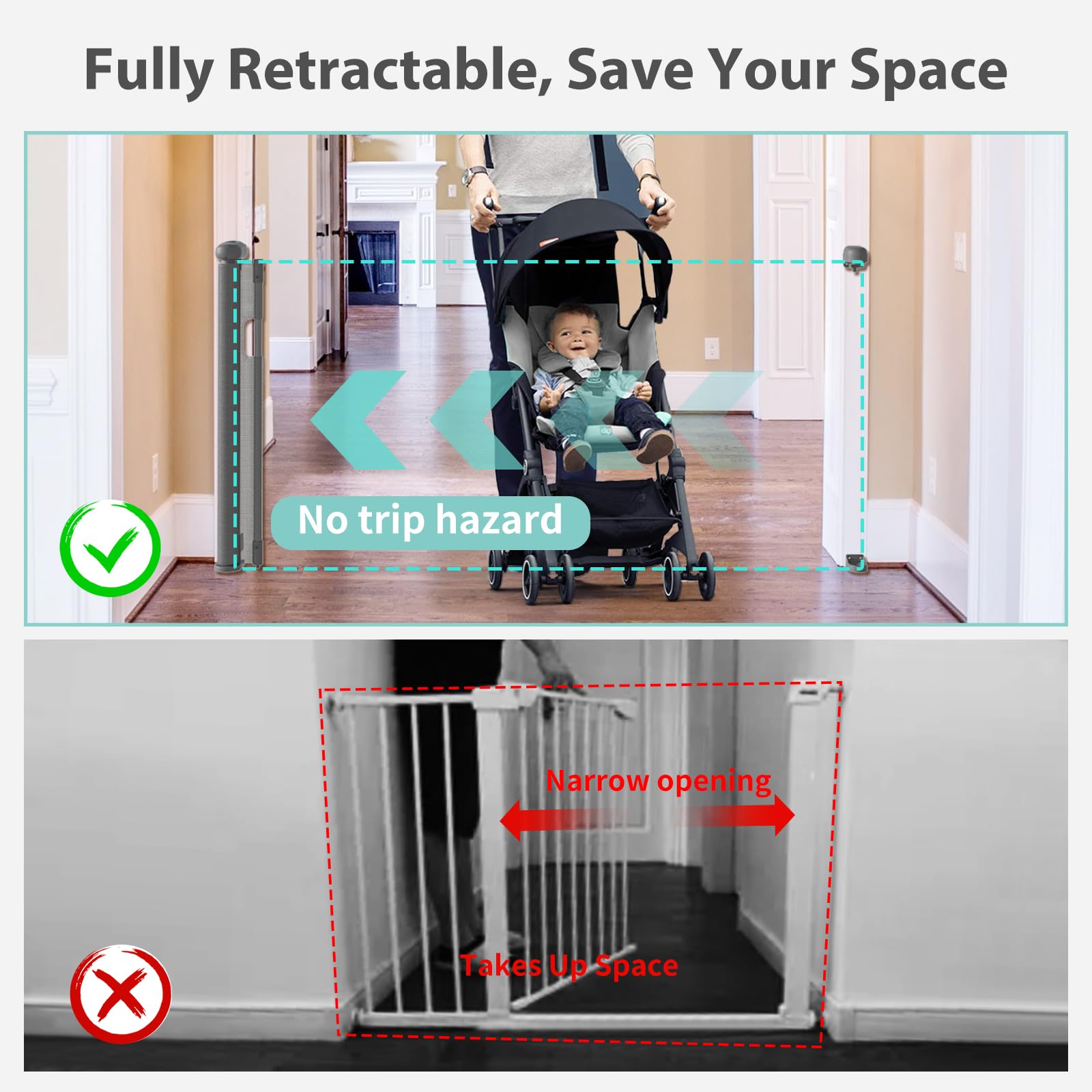 Hardware Mount Retractable Baby Gate one-side access simplifies passage when hands are full.