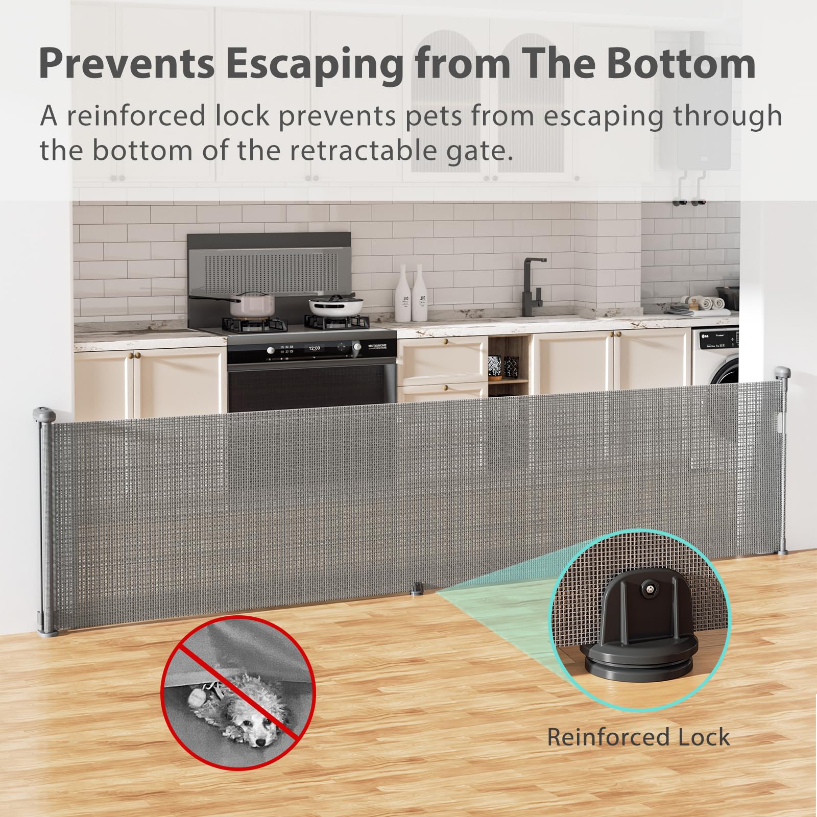 Hardware Mount Retractable Baby Gate deployed in kitchen or doorway.