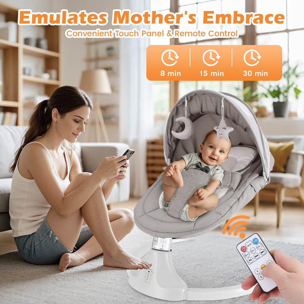 harhoers baby in swing demonstrates five speeds for customized calming motions
