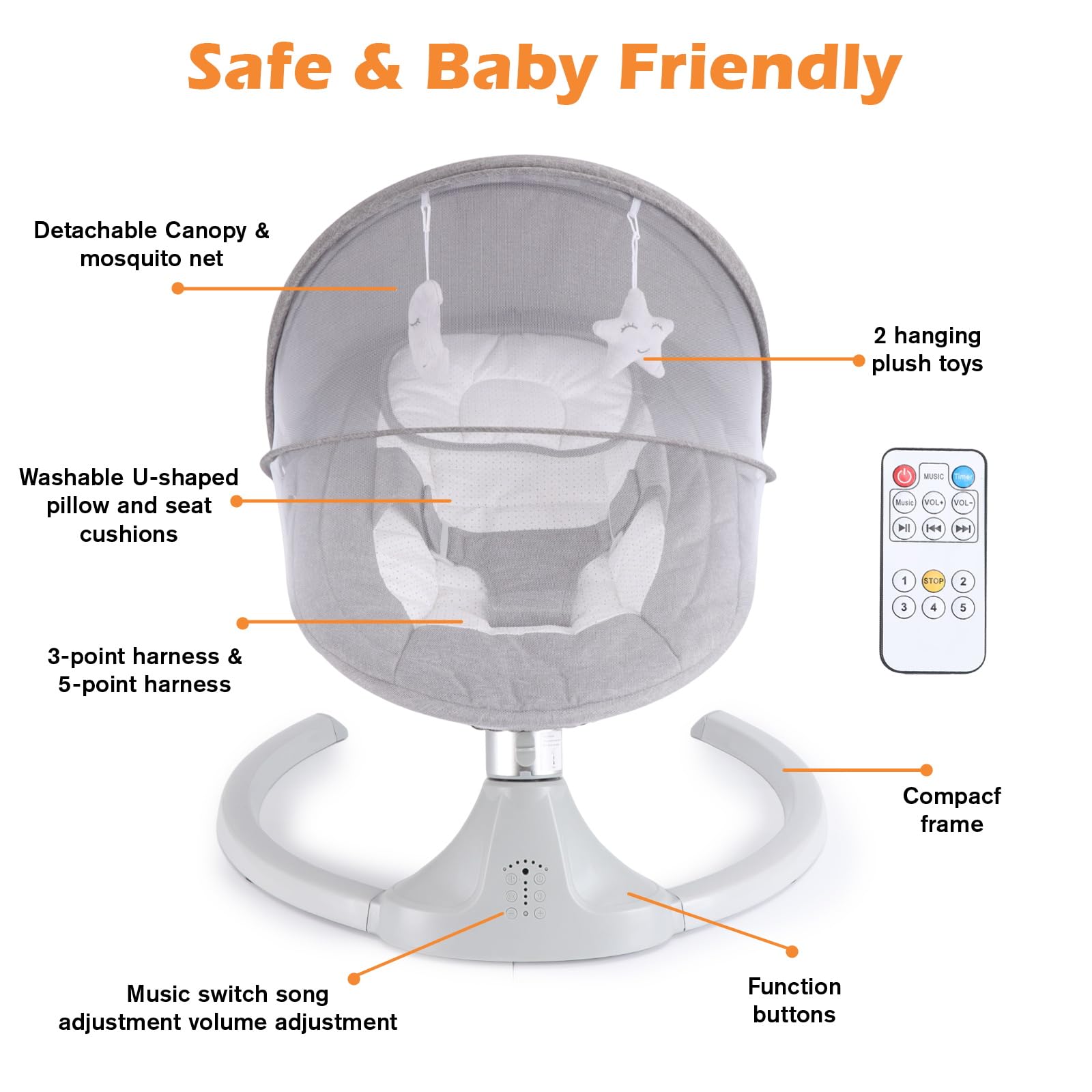 harhoers baby swing remote-control image shows convenient timer settings for planned naps