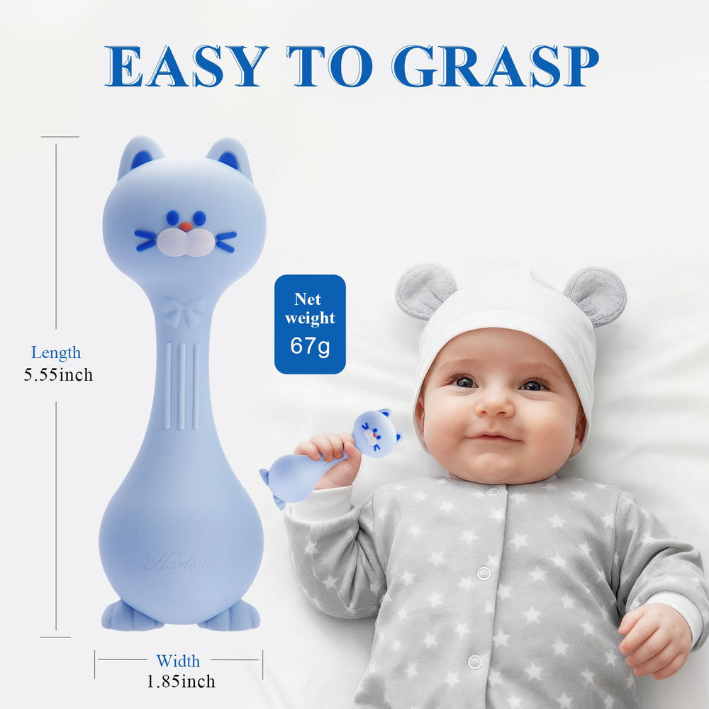 Harlene Baby Rattle Cat Blue close-up reveals smooth silicone texture for safe chewing
