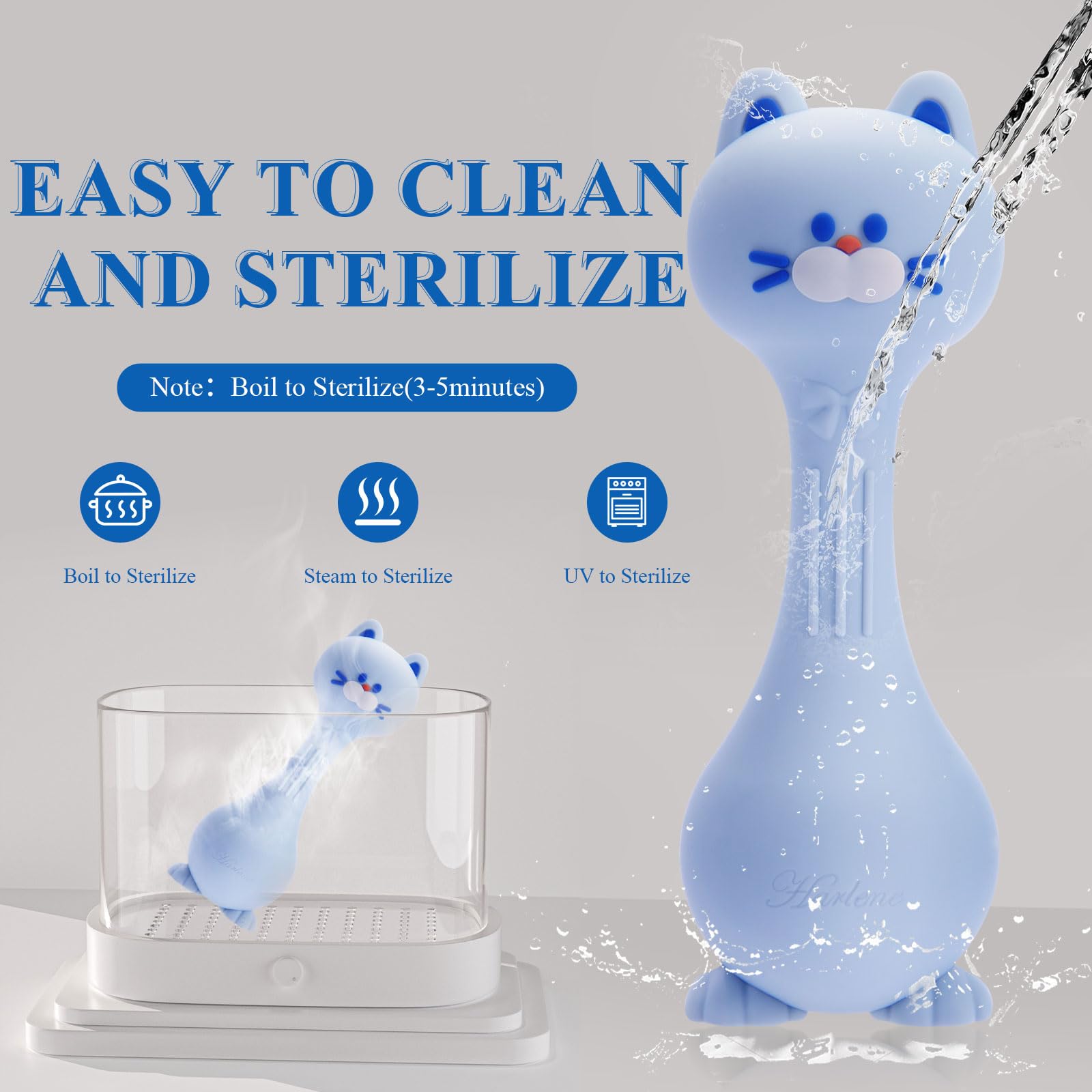 Harlene Baby Rattle Cat Blue dishwasher-safe cleaning for hygienic use