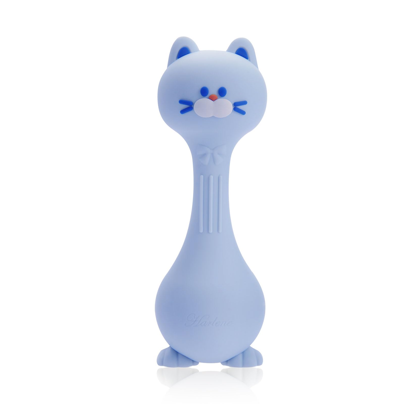 Harlene Baby Rattle Cat Blue front view highlights soft silicone teether for soothing gums