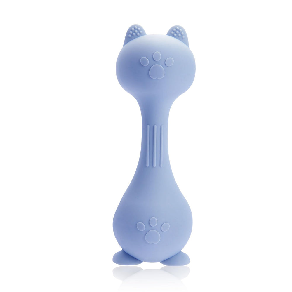 Harlene Baby Rattle Cat Blue side view emphasizes safe, stimulating sensory play