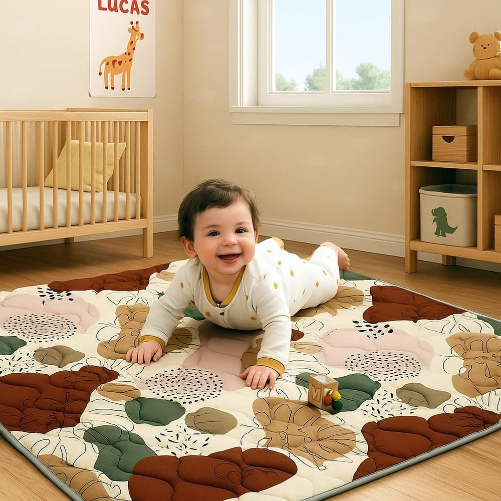 Harmon Wandyer baby play mat 50x50 unfolded offers spacious tummy time and soft cushioning.