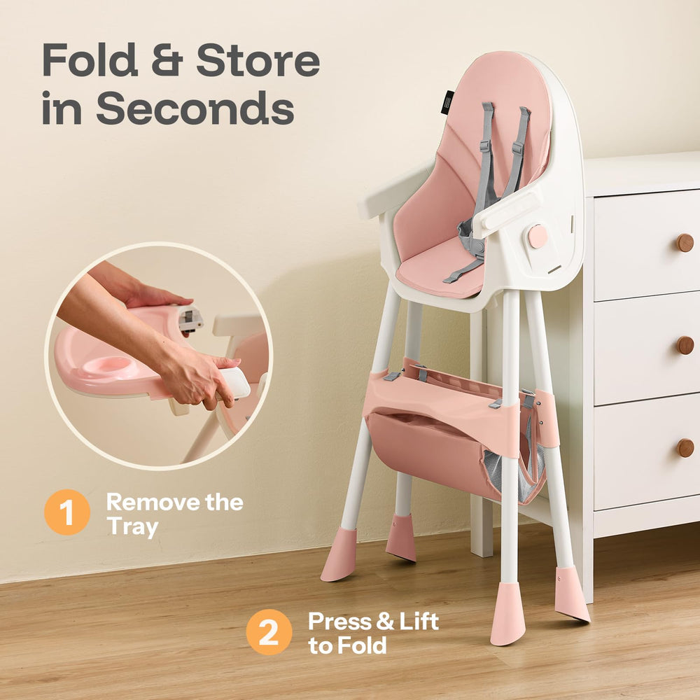 HARPPA high chair shows adjustable 5-point harness for secure seating
