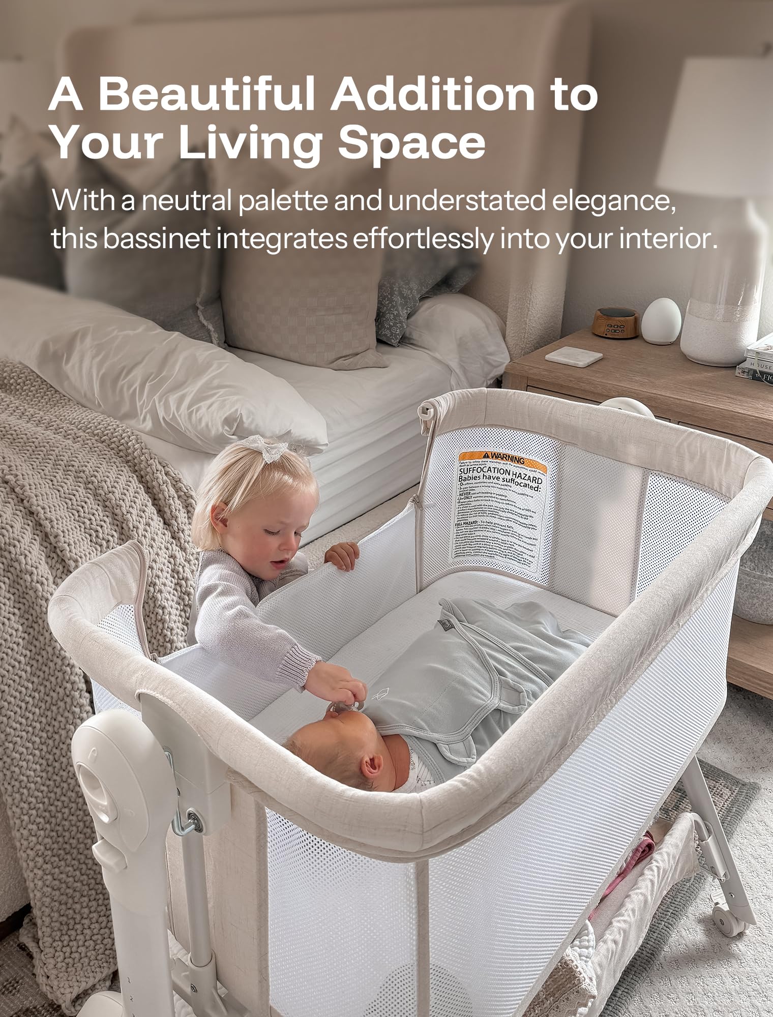 HARPPA bassinet with breathable mattress cover for a comfortable sleep surface.