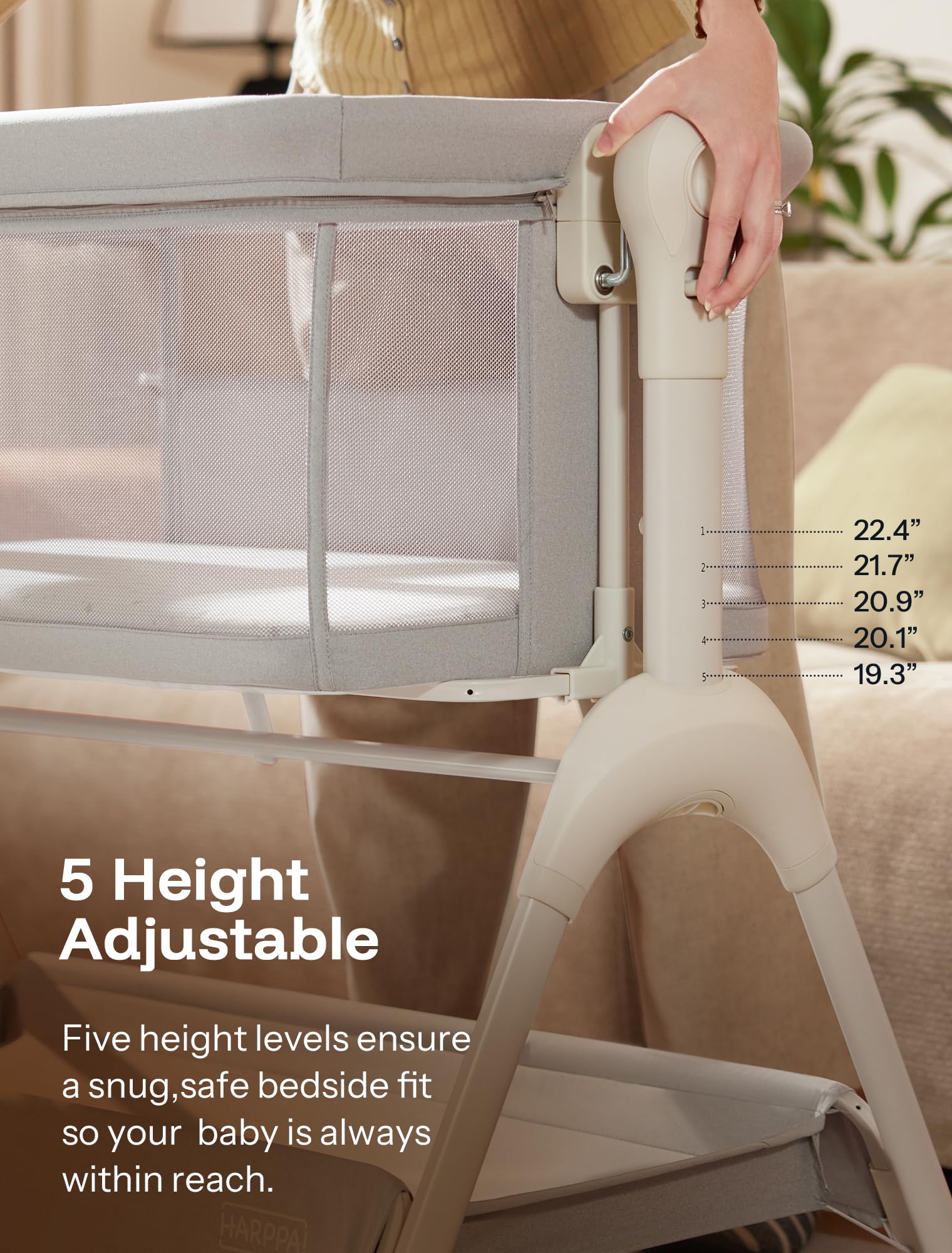 HARPPA bassinet storage basket keeps diapers, wipes, and essentials within reach.