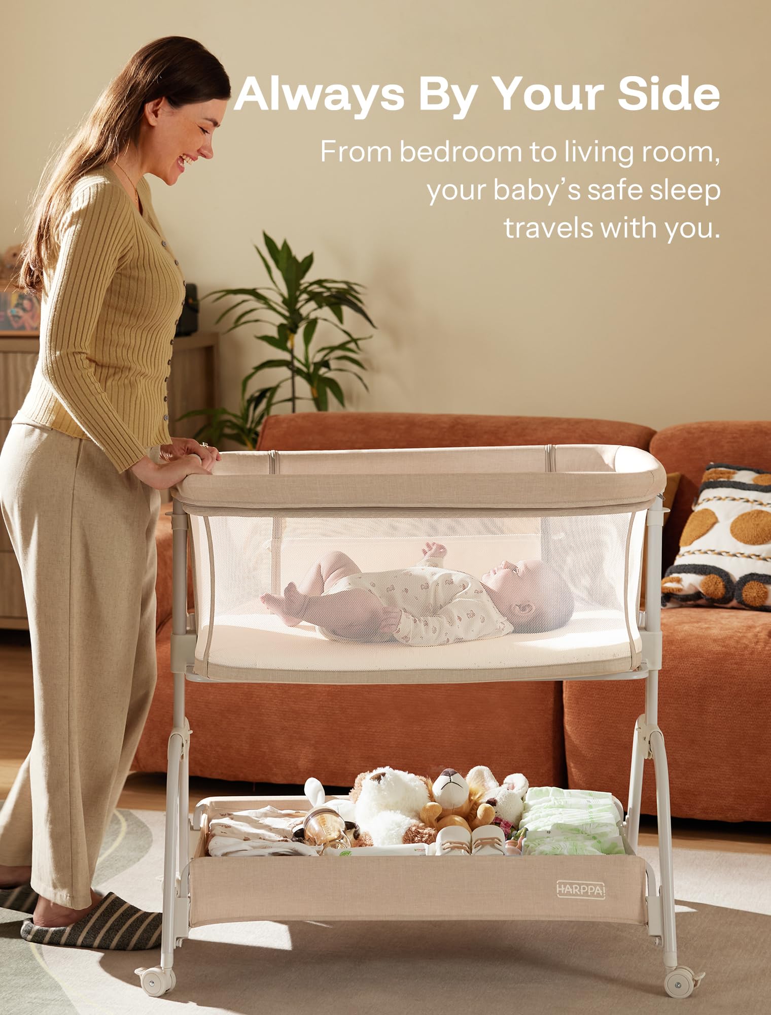 HARPPA Cuddly Bassinet storage basket for diapers and wipes within reach