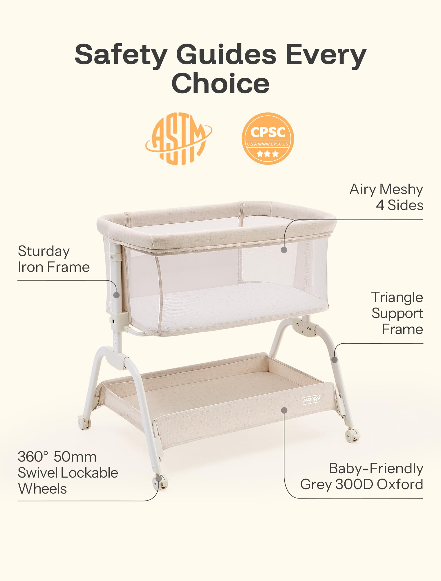 HARPPA Cuddly Bassinet sturdy N-shaped frame for stability