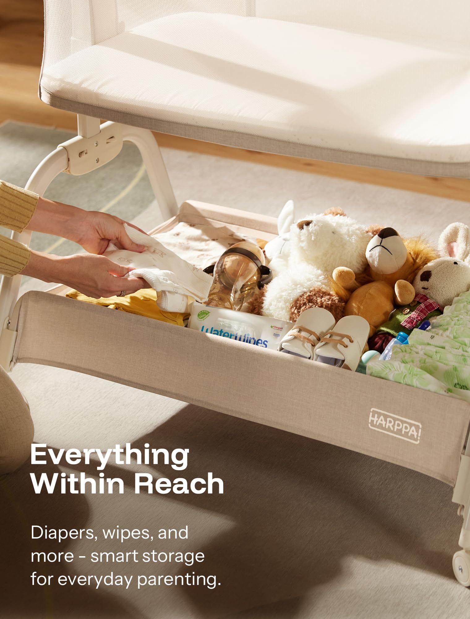 HARPPA Cuddly Bassinet wheels for smooth, quiet relocation