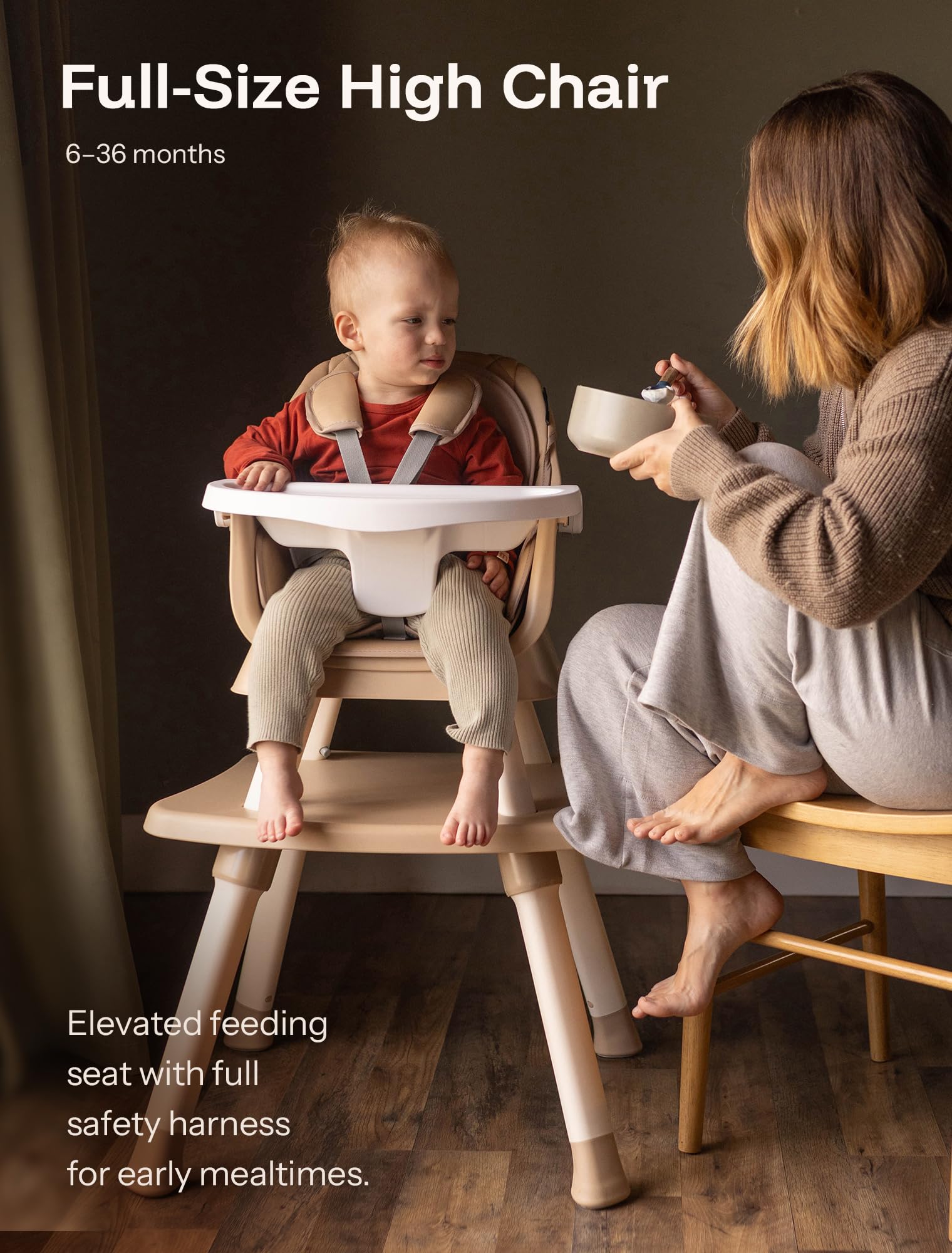 HARPPA high chair adjustable tray in use for growing baby