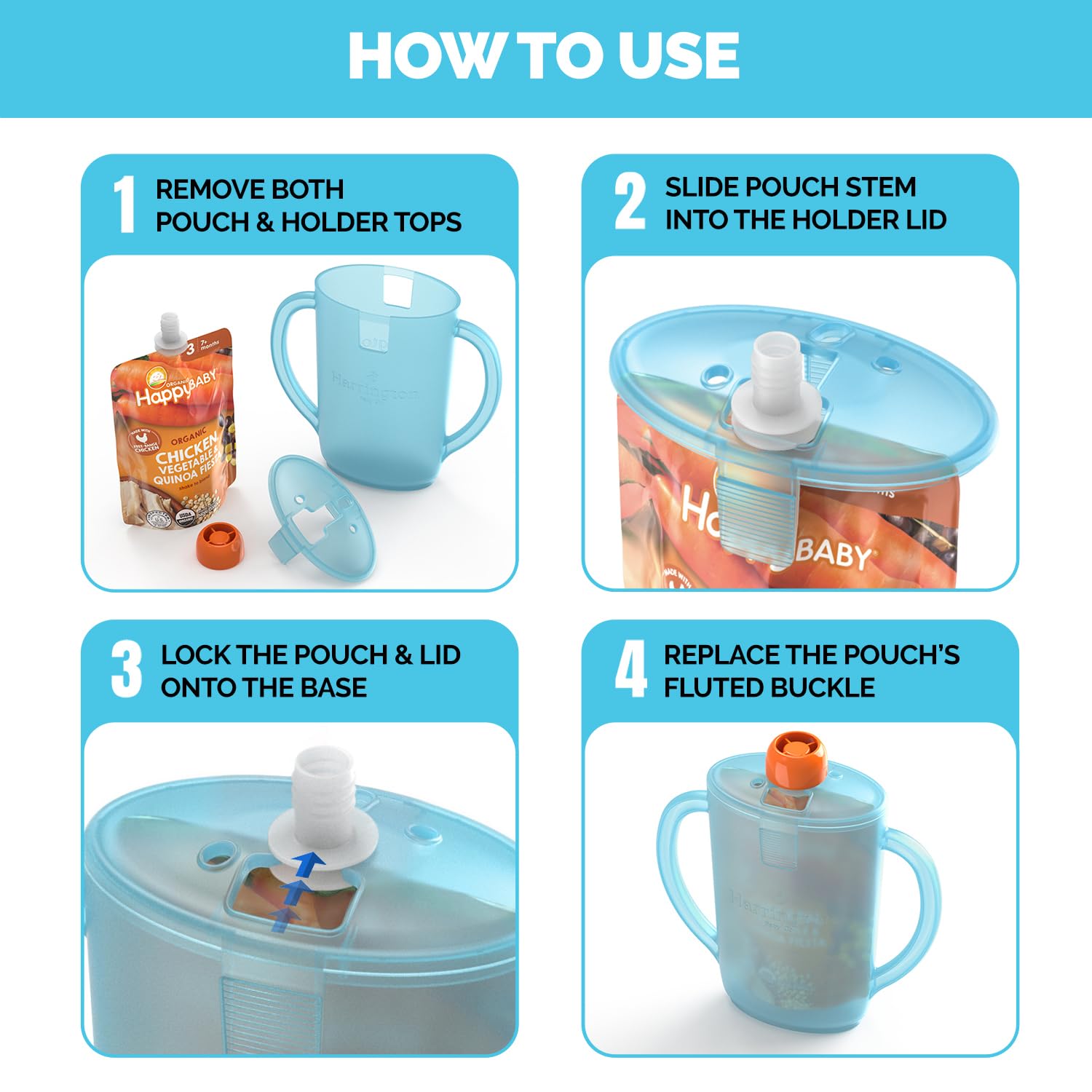 Harrington Baby No Squeeze Pouch Holder-compatible pouches show versatile use across brands
