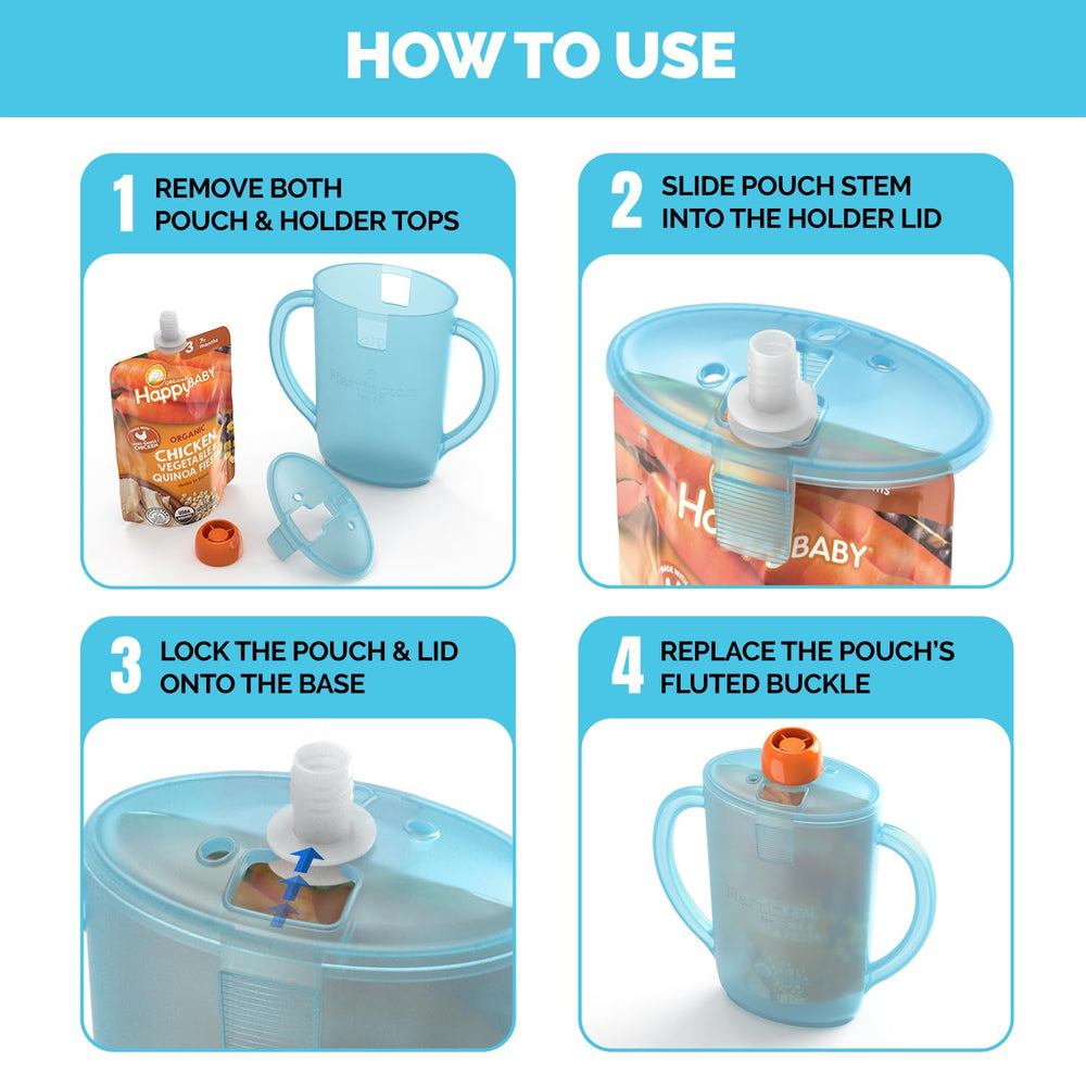 Harrington Baby No Squeeze Pouch Holder-compatible pouches show versatile use across brands