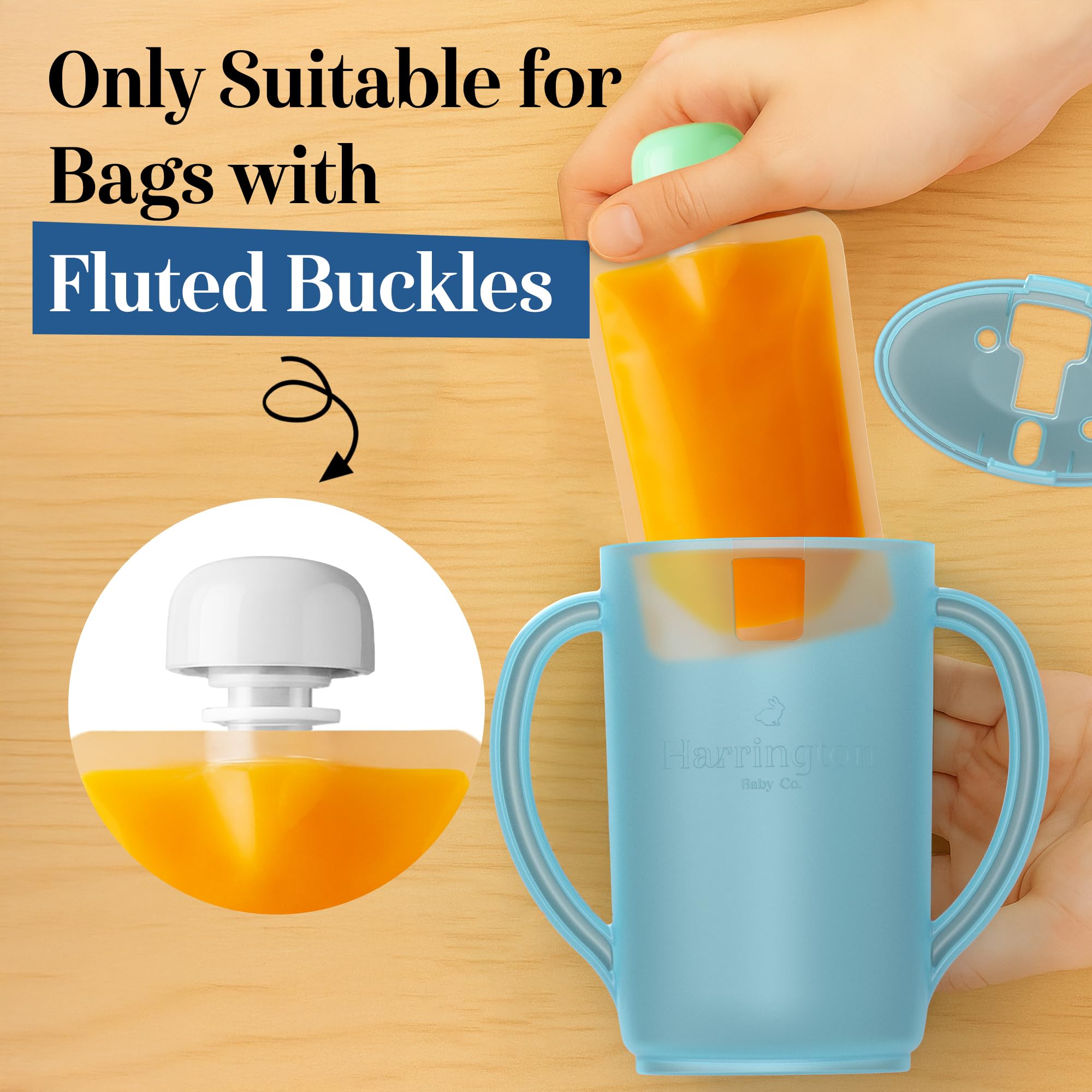 Harrington Baby No Squeeze Pouch Holder in-hand grip promoting independent self-feeding