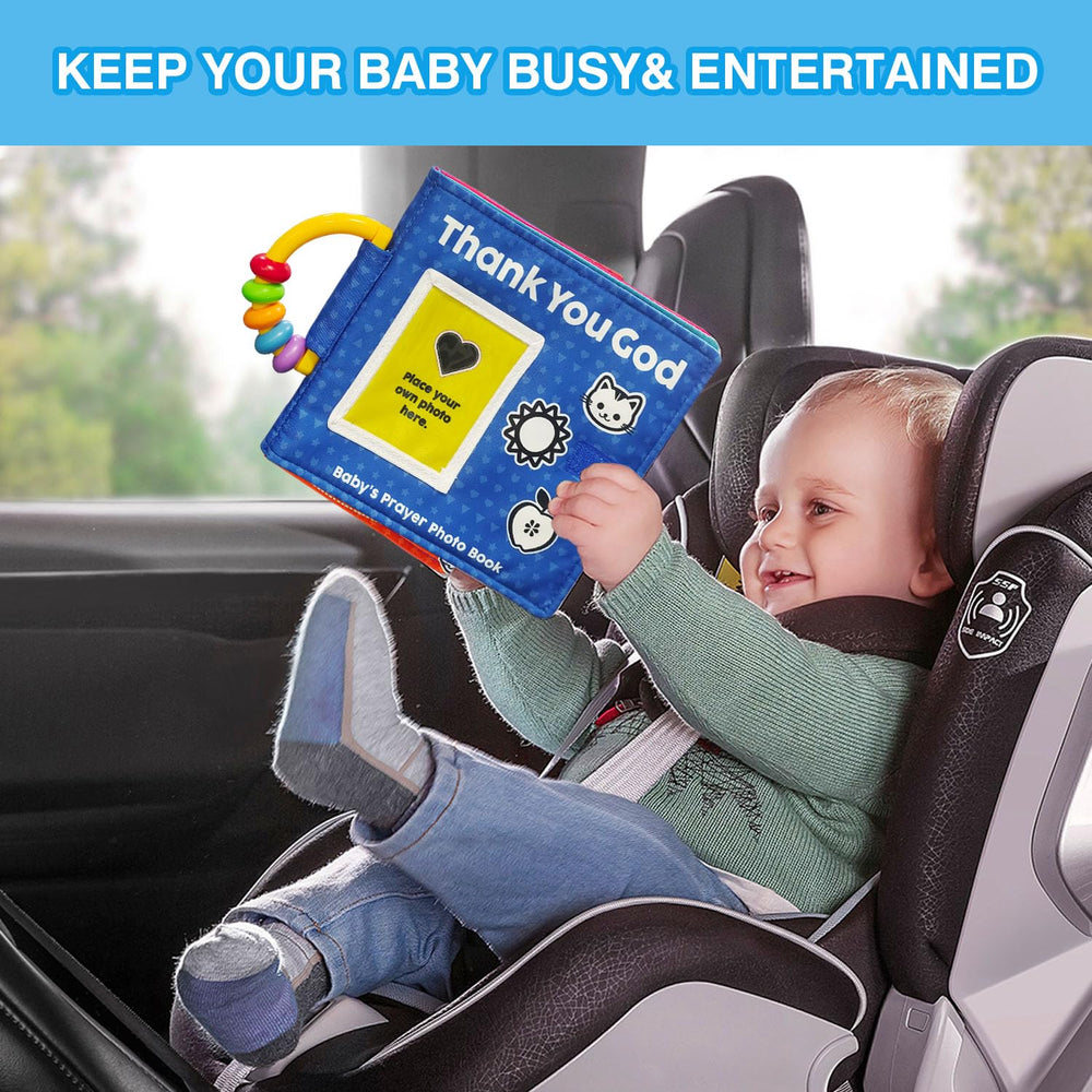 HarvMax Baby's Prayer Photo Book shows baby holding the soft album for bonding.