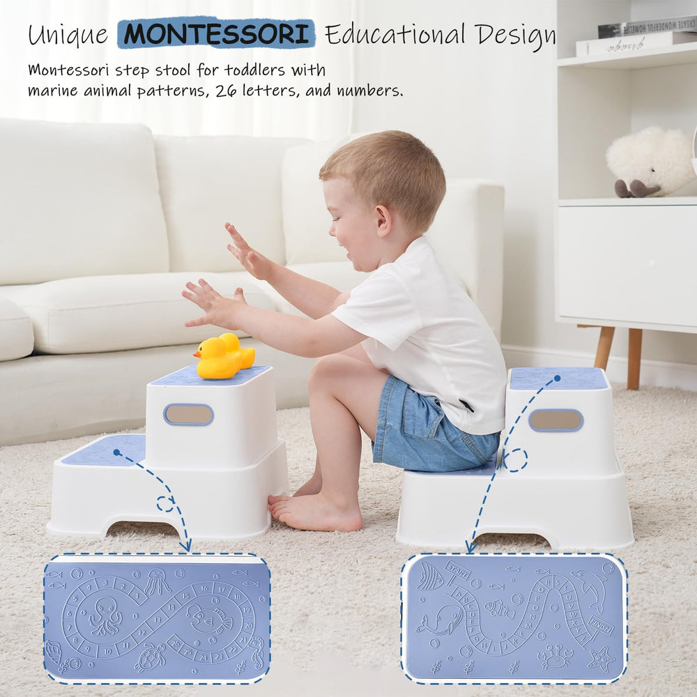 Harwaya blue toddler step stool set showcased as gift-ready, multi-room helper