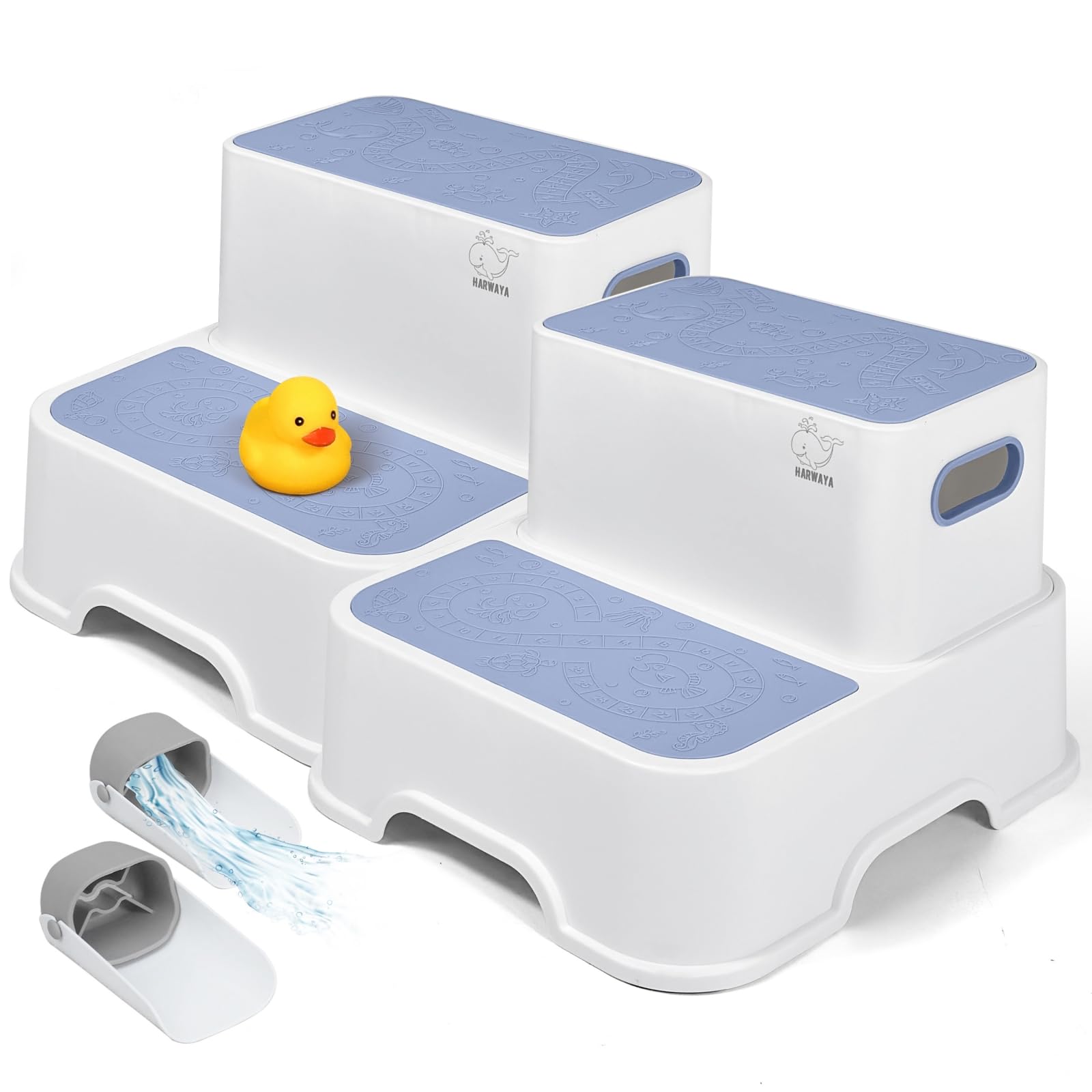 Harwaya blue toddler step stool at bathroom sink for easy brushing and washing
