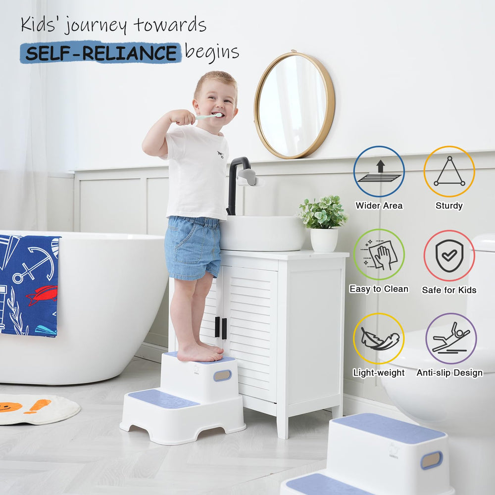 Harwaya blue toddler step stool in kitchen for reaching the sink