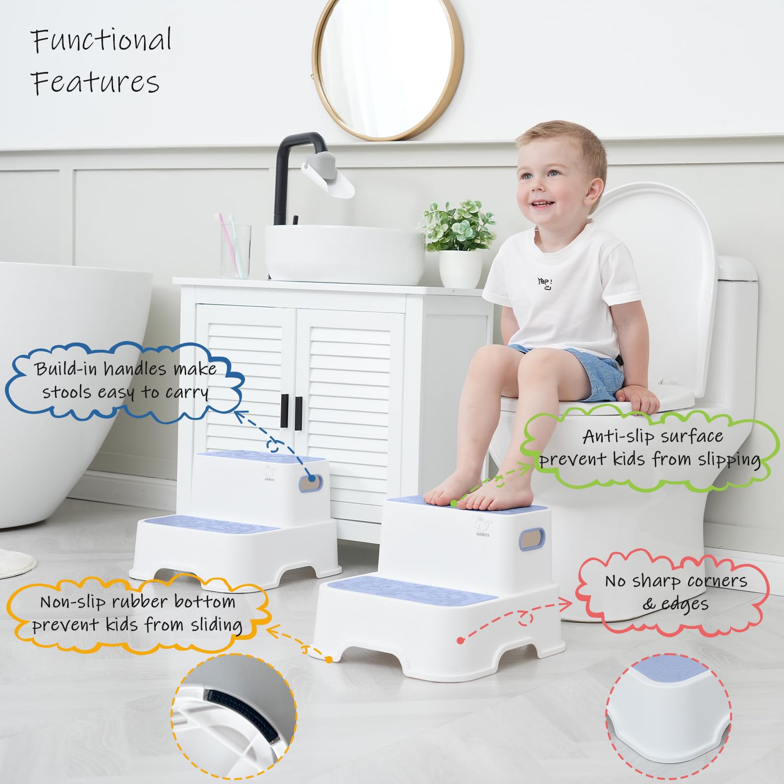 Harwaya blue toddler step stool assists potty training with stable height