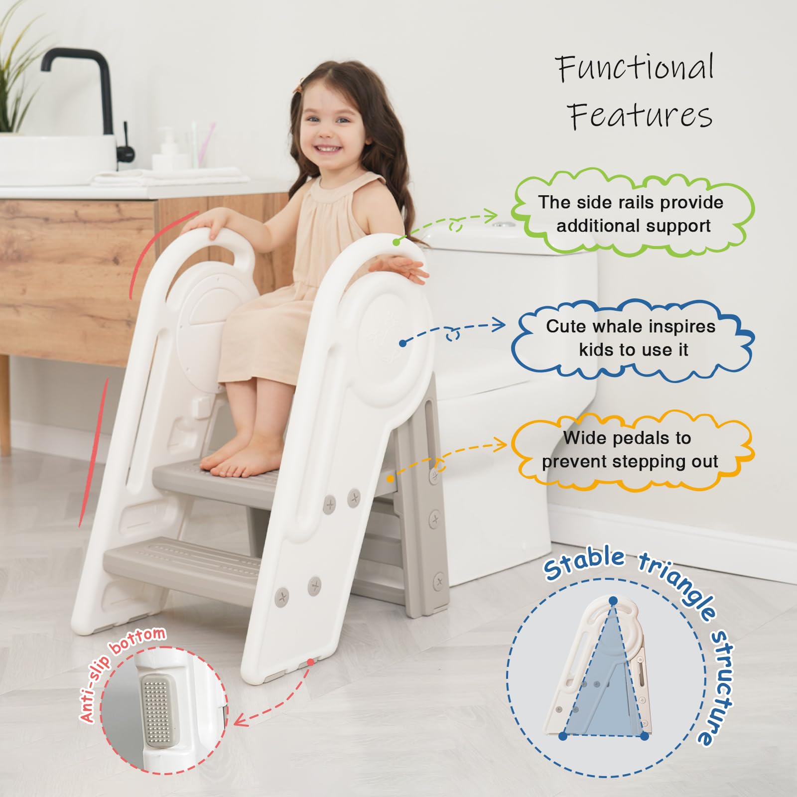 Harwaya toddler step stool 3-steps in use shows adjustable height.