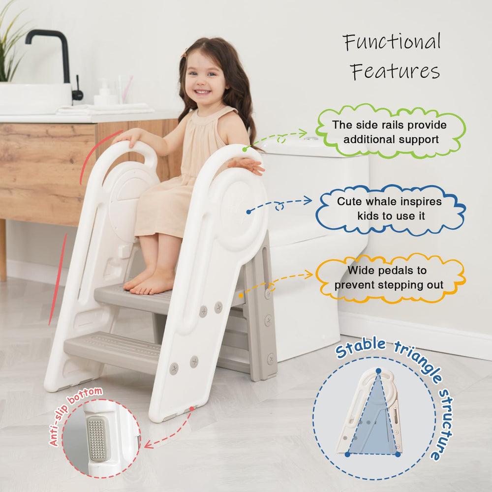 Harwaya toddler step stool 3-steps in use shows adjustable height.