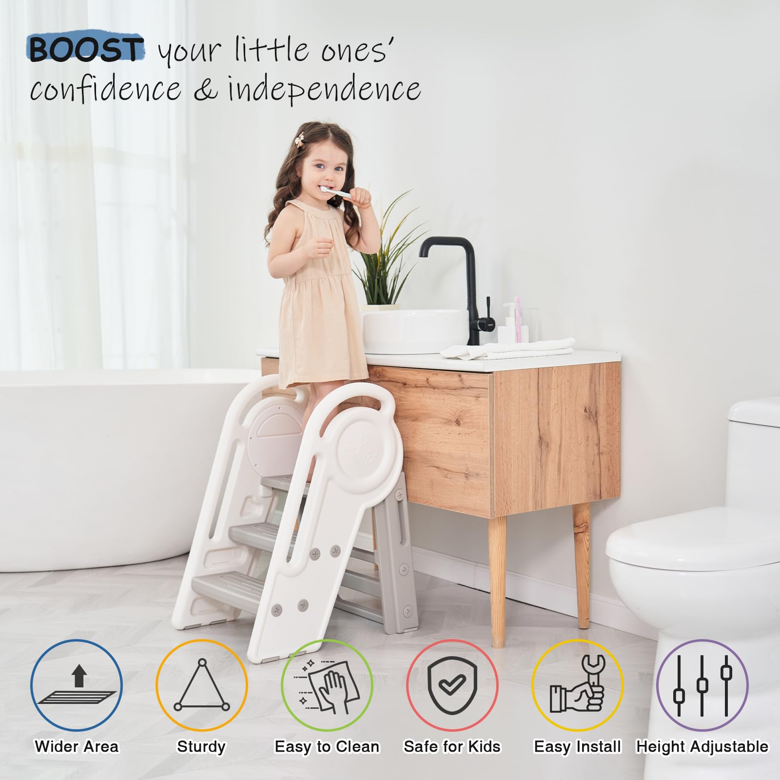 Harwaya toddler step stool adjustable heights 2-3 steps for versatility.
