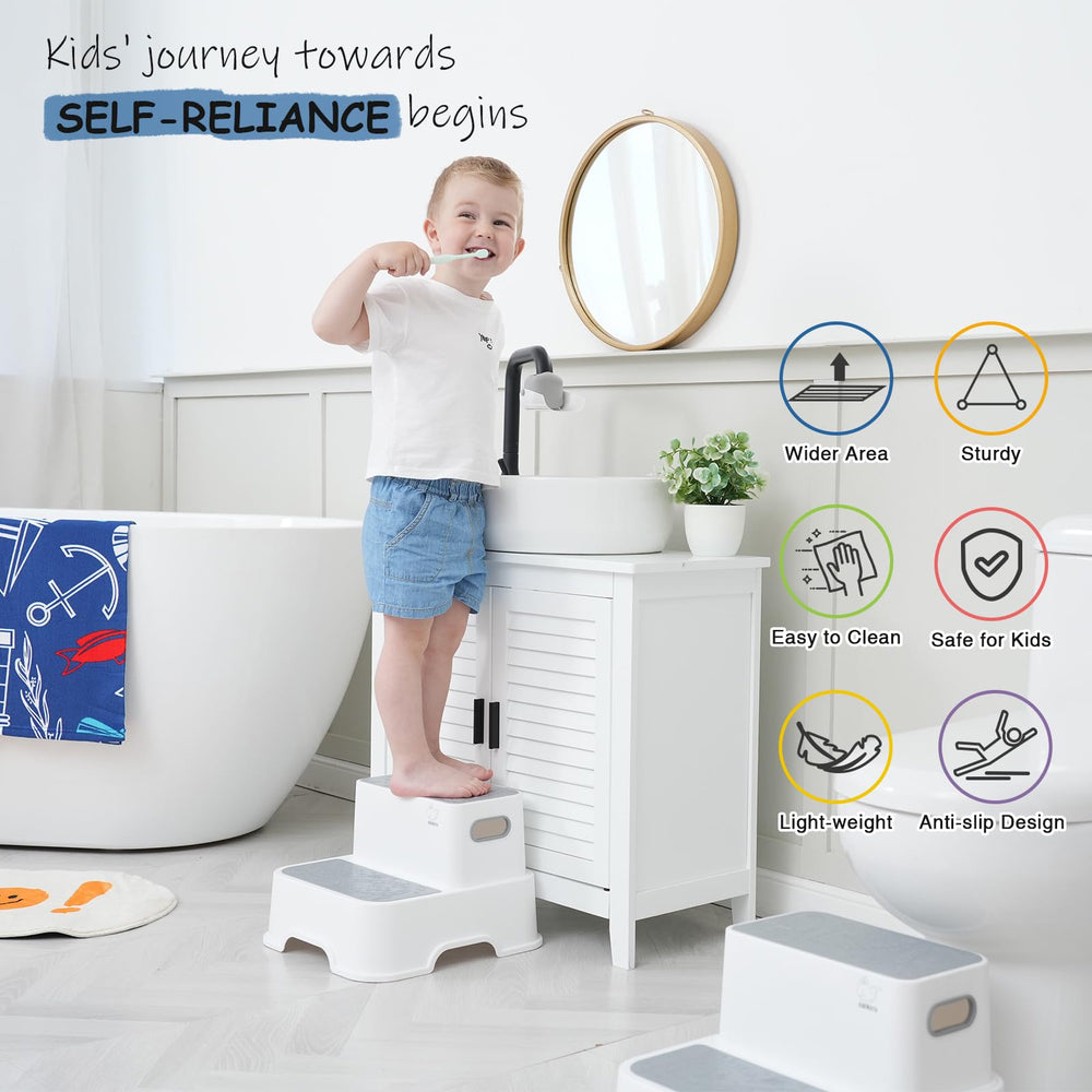 Harwaya two-pack toddler step stools offer versatile bathroom use.