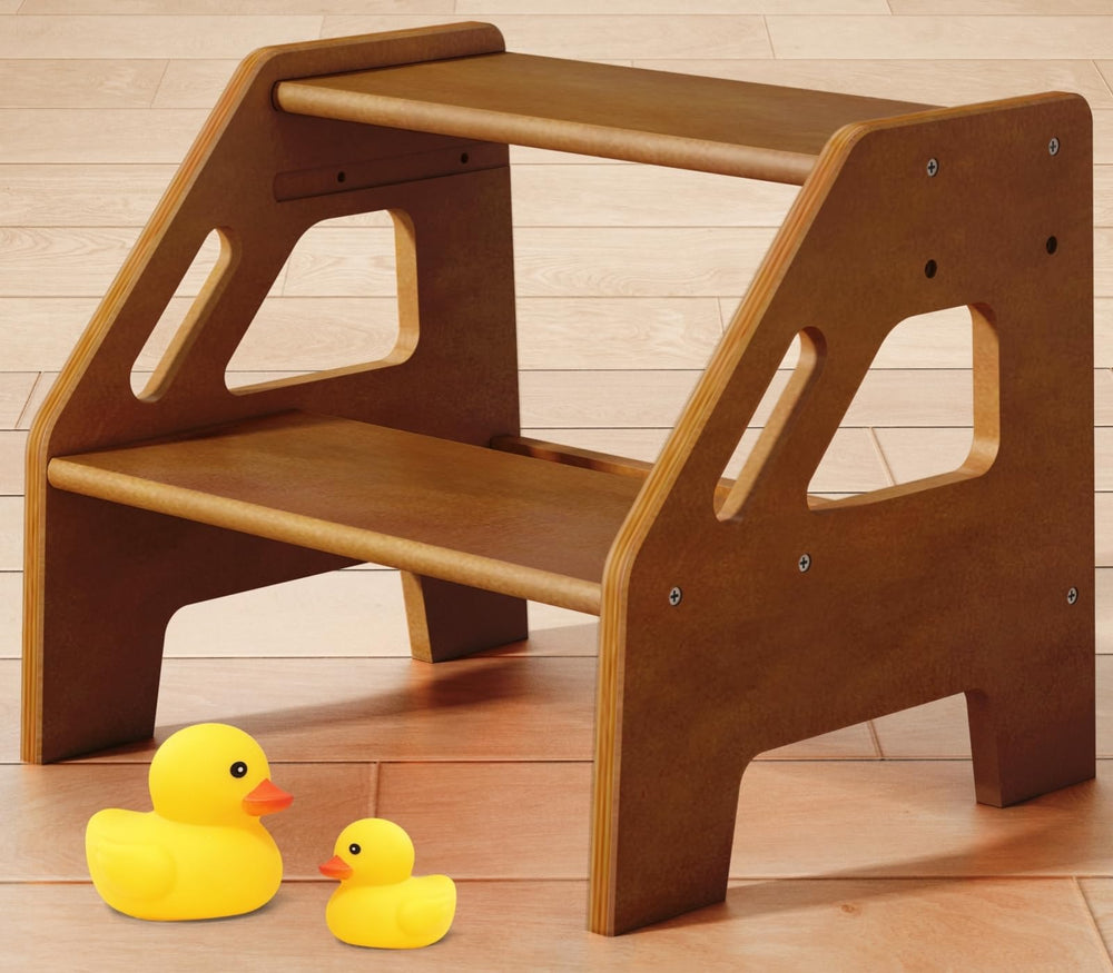 Harwaya walnut step stool beside bathroom sink for easy reach