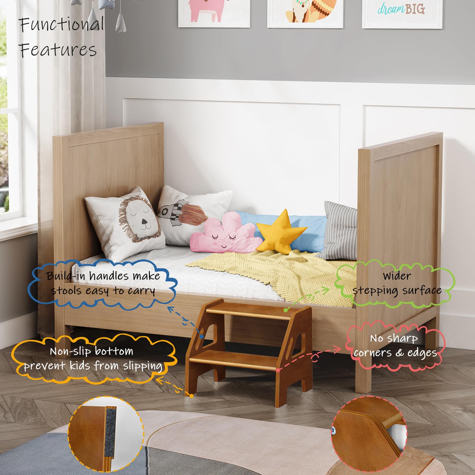 Harwaya walnut stool is lightweight and easy for toddlers to move