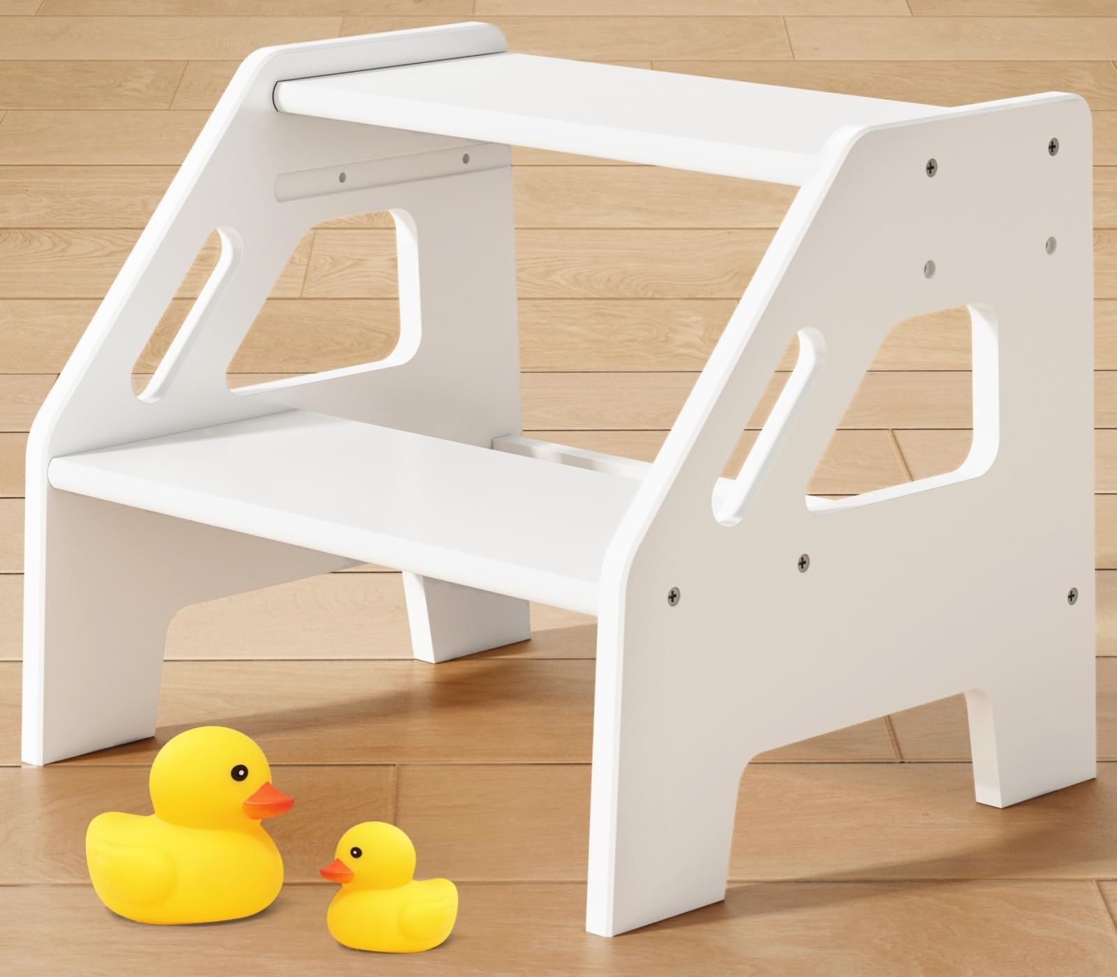 Harwaya white wood toddler step stool front view for safe access