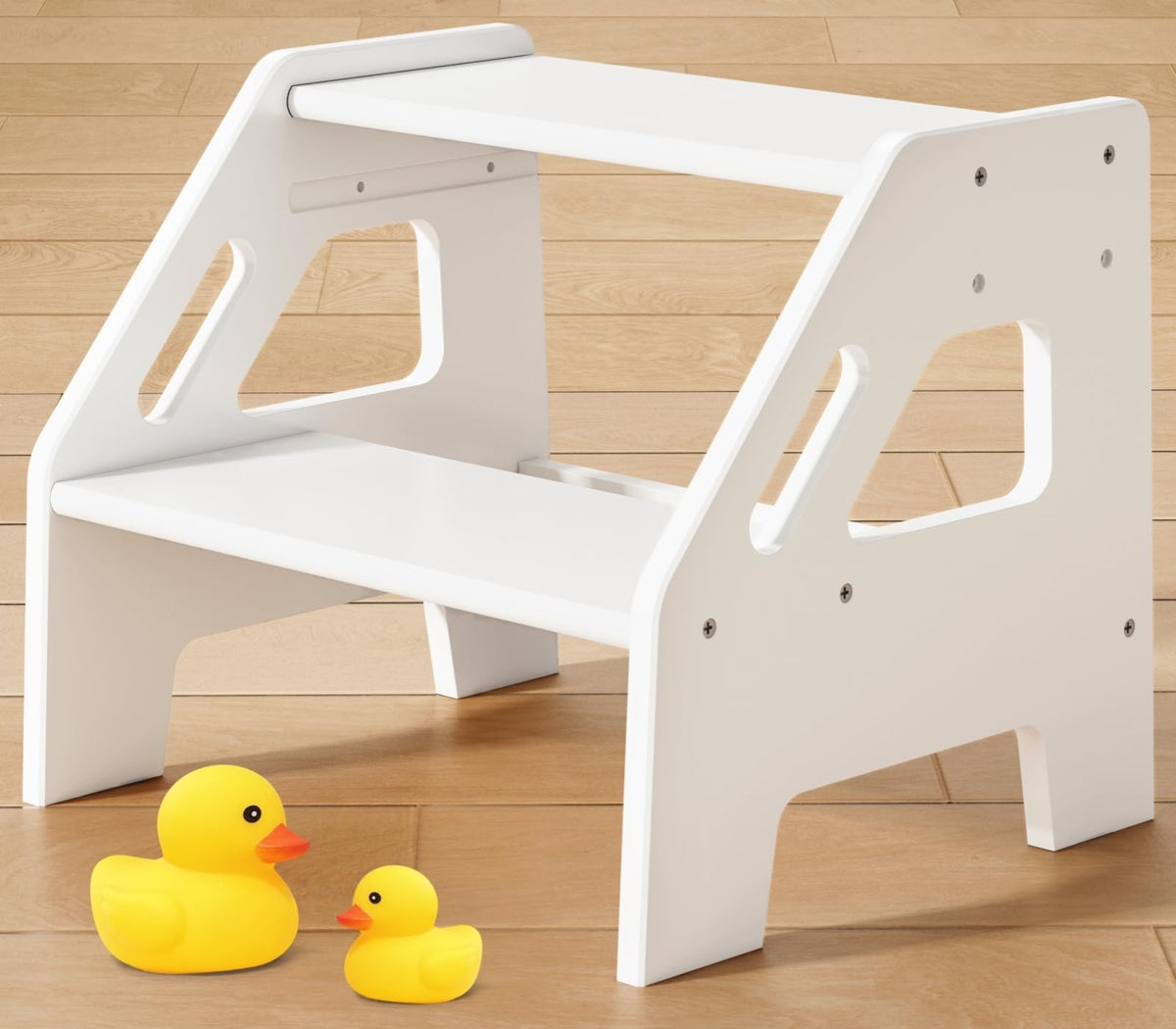 Harwaya white wood toddler step stool front view for safe access