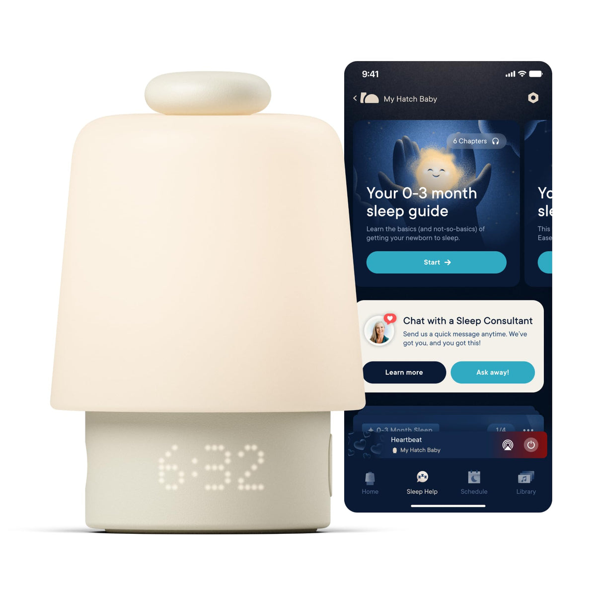Hatch Rest Baby device on nightstand delivers calm bedtime routine lighting.
