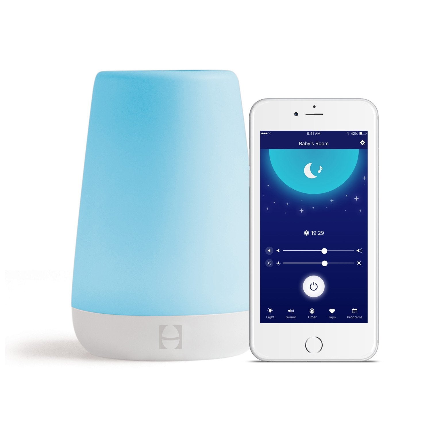 Hatch Rest Baby in crib with sound machine and night light creating a soothing bedtime routine